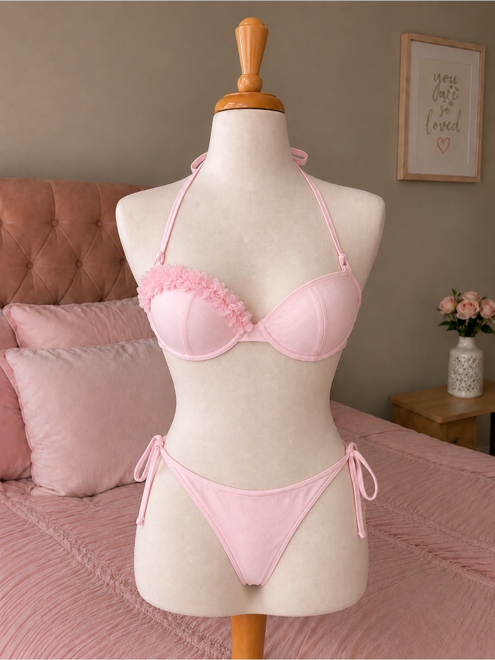 SHEIN Pink Floral-Trim Tie-Side Bikini Set